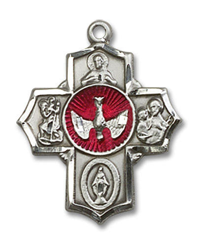 Red Inlay 5-Way Medal - Sterling Silver 7/8 x 3/4 Pendant 2090ESS