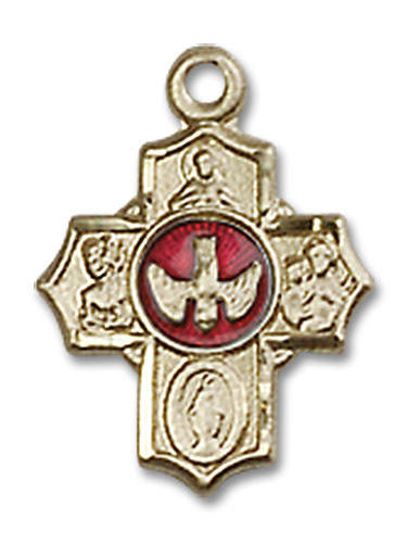 Red Inlay Confirmation 5-Way Medal Charm - 14kt Gold Pendant 3190E
