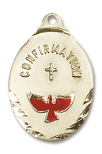 Red Inlay Confirmation Medal - 14kt Gold 7/8 x 1/2 Oval Pendant 0599X