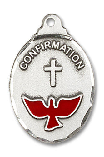 Red Inlay Confirmation Medal - Sterling Silver 7/8 x 1/2 Oval Pendant 0599XSS