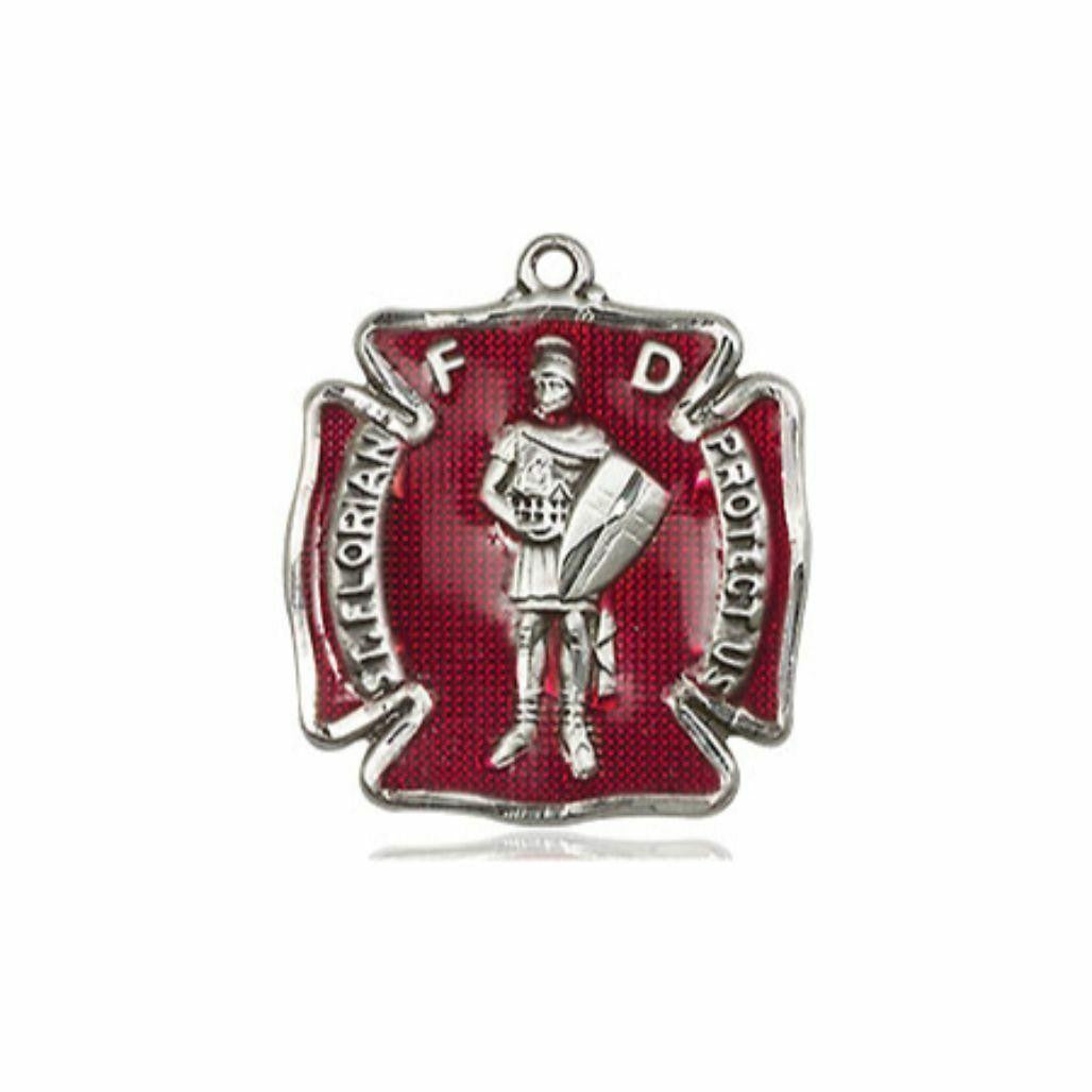 Red St Florian Cross Firefighter Medal - Sterling Silver 3/4 x 5/8 Pendant 0070ESS