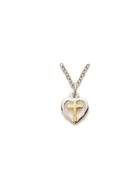 Small 2Tone Heart Cross Necklace - Sterling Silver Pendant On 16 Stainless Chain SM8087SH