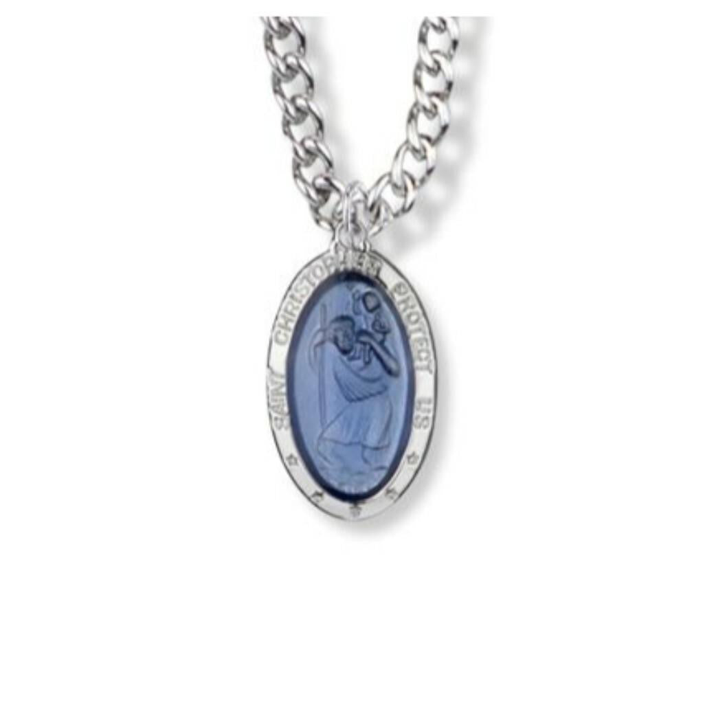 Small Blue St Christopher Necklace - Sterling Silver Medal On 18 Stainless Chain SM8295SH