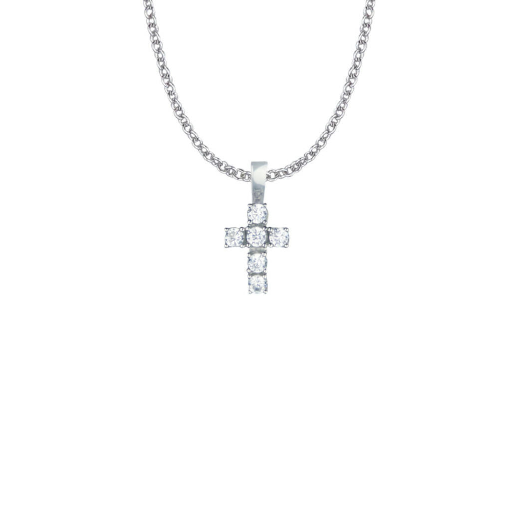 Small Cubic Zirconium Stones Cross Necklace - Sterling Silver Pendant On 16 Stainless Chain SX8117SH