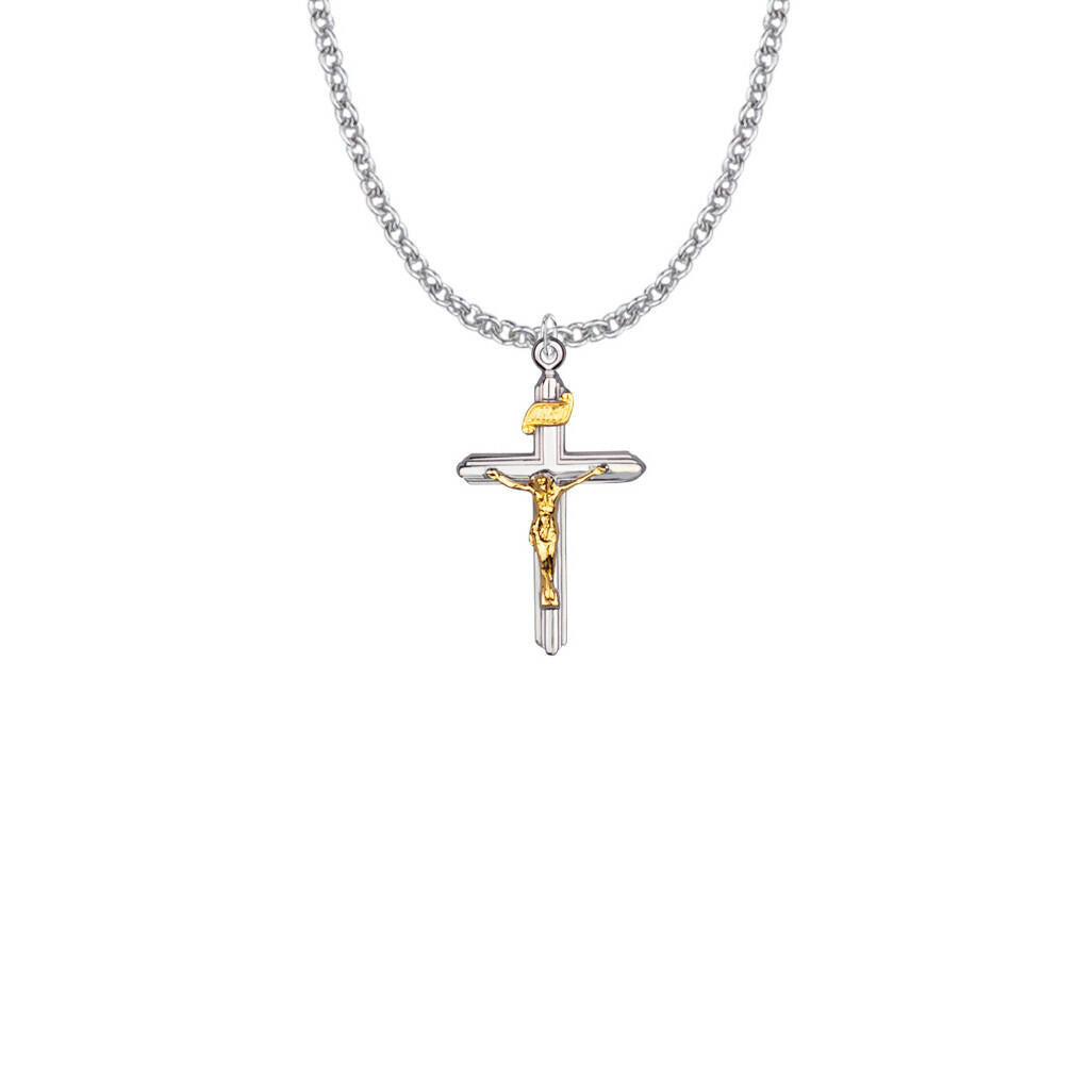 Small Lined Two-Tone Crucifix Necklace - Sterling Silver Pendant On 18 Stainless Steel Chain SX8078SH