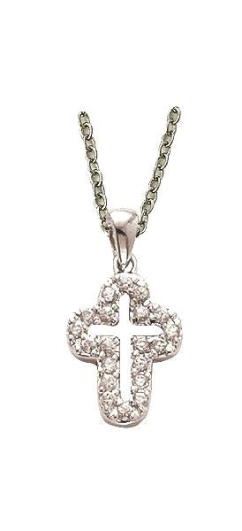 Small Pierced Cubic Zirconium Cross Necklace - Sterling Silver Pendant on 18 Stainless Chain SX8580SH