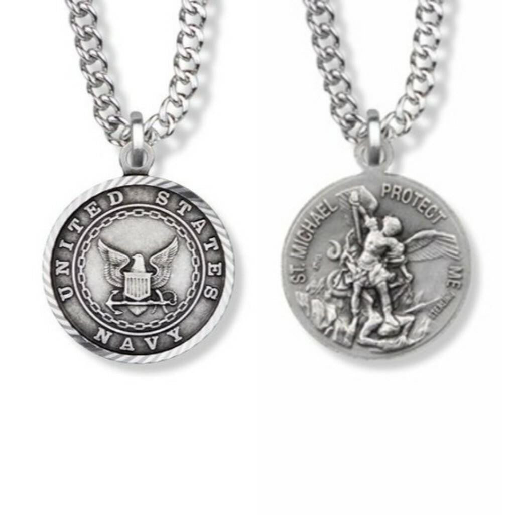 Small St Michael Navy Necklace - Sterling Silver Medal On 20 Stainless Chain SM8257SH