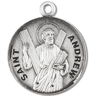 St. Andrew Medal - Sterling Silver - On 20" Stainless Chain - Sterling Silver 7/8" x 3/4" Round Pendant