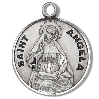 St Angela Medal - Sterling Silver - On 18 Stainless Chain - Sterling Silver 1 x 3/4 Round Pendant