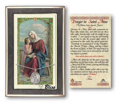 St. Anne Medal With Prayer Card - Sterling Silver 3/4" x 1/2" Oval Pendant (PC8374SS)