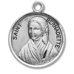 St Bernadette Medal - Sterling Silver - On 18 Stainless Chain - Sterling Silver 7/8 x 3/4 Round Pendant