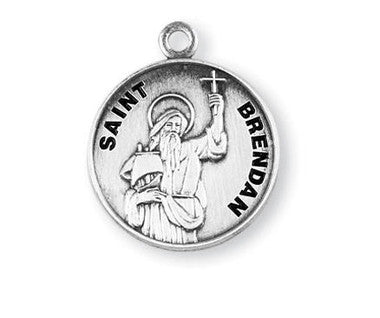 St. Brendan Medal - Sterling Silver - On 20" Stainless Chain - Sterling Silver 7/8" x 3/4" Round Pendant