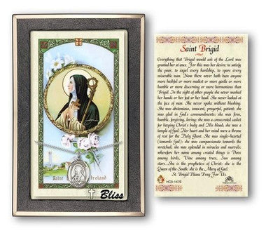St. Brigid of Ireland Medal With Prayer Card - Sterling Silver 3/4" x 1/2" Oval Pendant (PC8123SS)