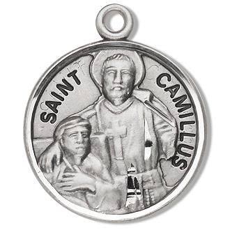 St Camillus Medal - Sterling Silver - On 20 Stainless Chain - Sterling Silver 7/8 x 3/4 Round Pendant