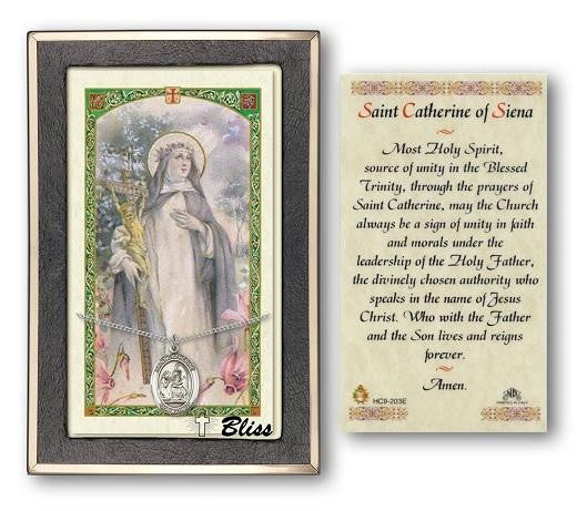 St Catherine of Siena Medal With Prayer Card - Sterling Silver 3/4 x 1/2 Oval Pendant PC8014SS