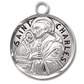 St. Charles Medal - Sterling Silver - On 20" Stainless Chain. - Sterling Silver 7/8" x 3/4" Round Pendant