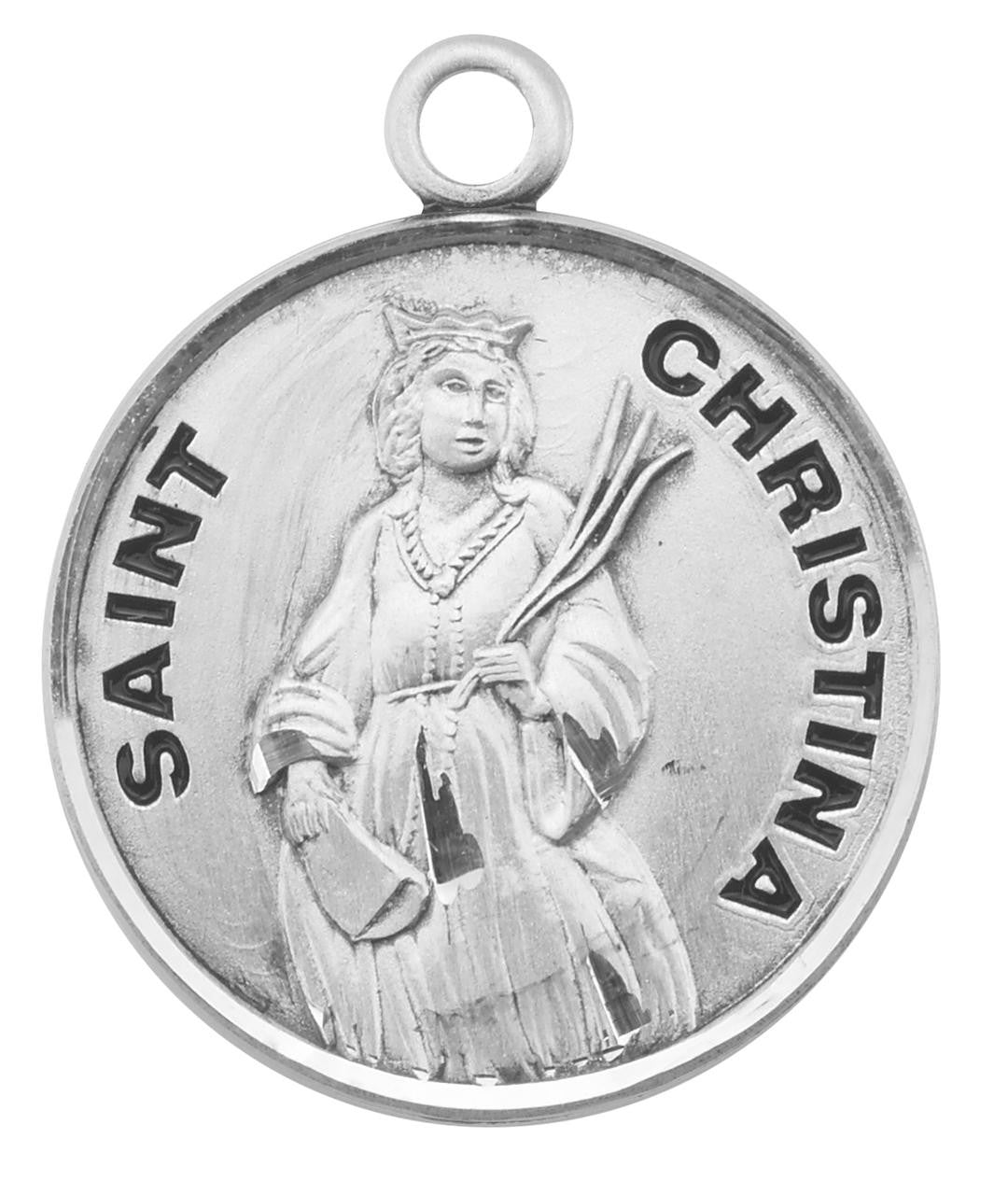 St Christina Medal - Sterling Silver - On 18 Stainless Chain - Sterling Silver 7/8 x 3/4 Round Pendant
