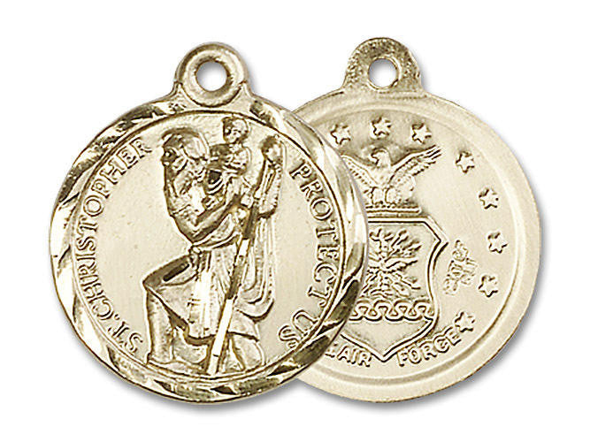 St Christopher Air Force Medal - 14kt Gold 7/8 x 3/4 Round Pendant 0192