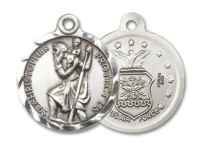 St Christopher Air Force Medal - Sterling Silver 7/8 x 3/4 Round Pendant 0192SS1