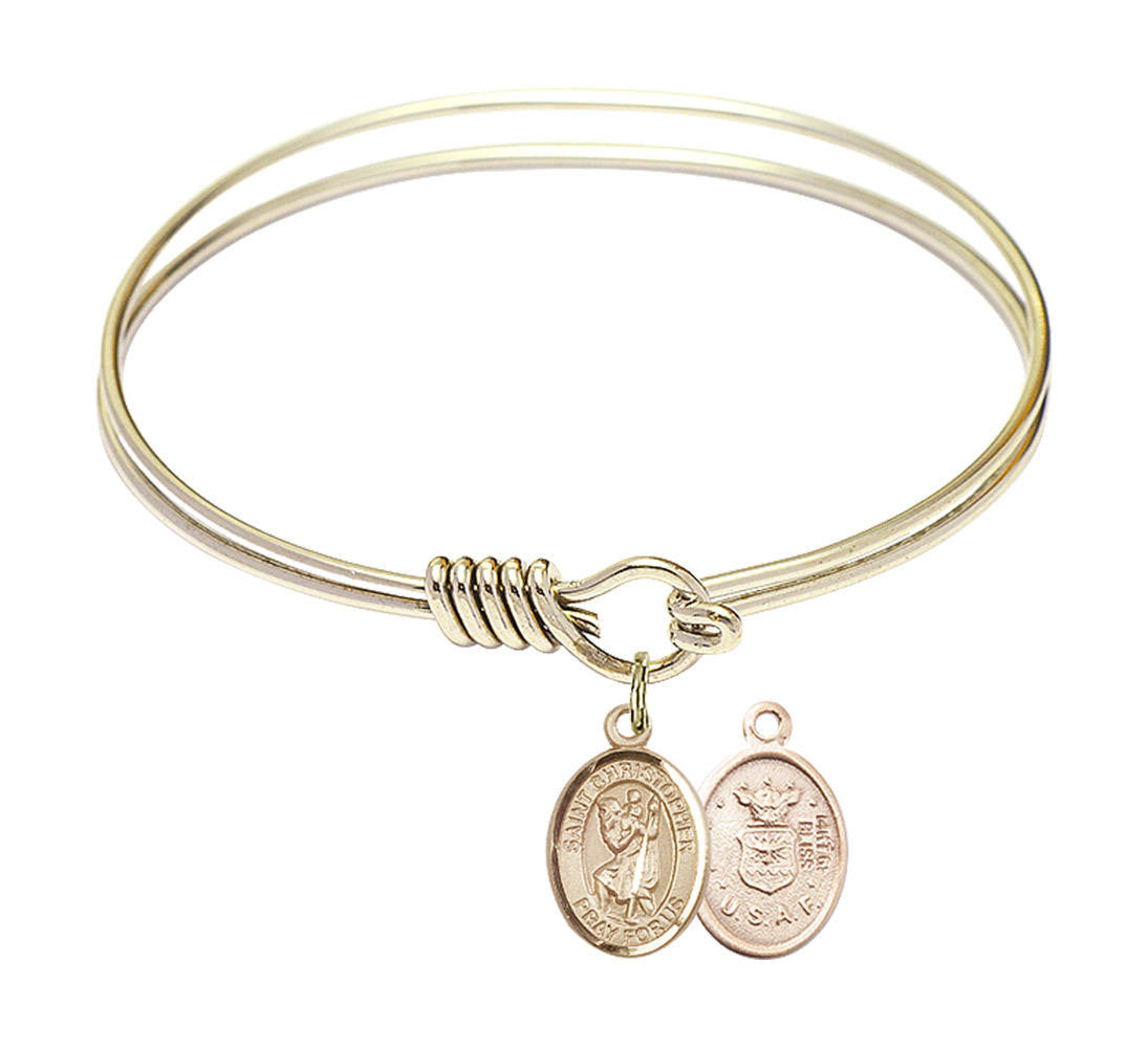 St Christopher - Air Force Round Eye Hook Bangle Bracelet - Gold-Filled Charm - 6.25 Inch 9022GF1