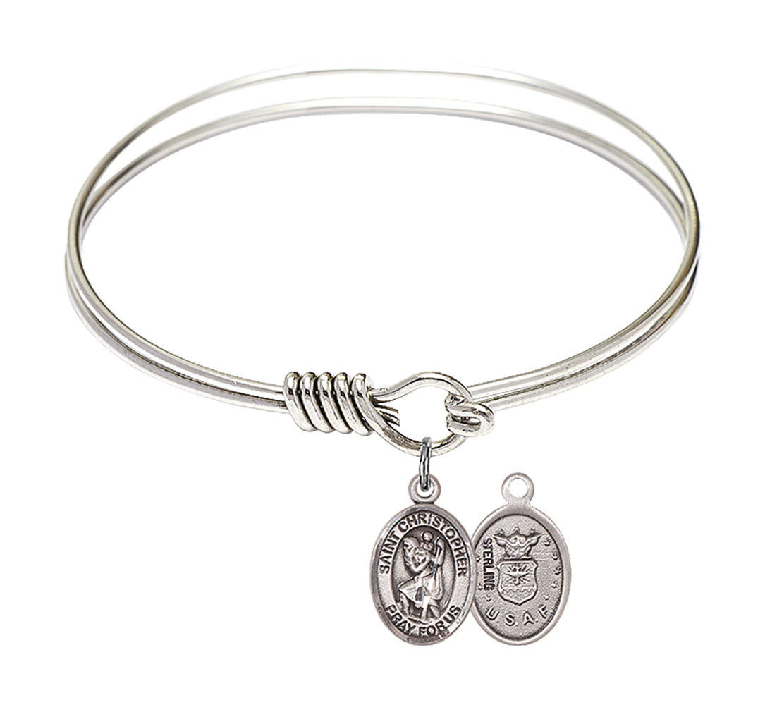 St Christopher - Air Force Round Eye Hook Bangle Bracelet - Sterling Silver Charm - 6.25 Inch 9022SS1