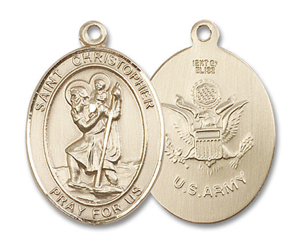 St Christopher Army Medal - 14kt Gold Oval Pendant 3 Sizes