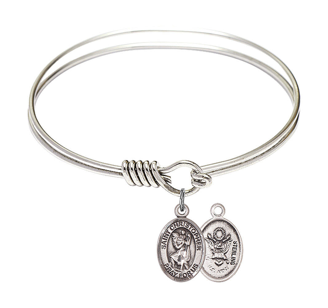 St Christopher - Army Round Eye Hook Bangle Bracelet - Sterling Silver Charm - 6.25 Inch 9022SS2