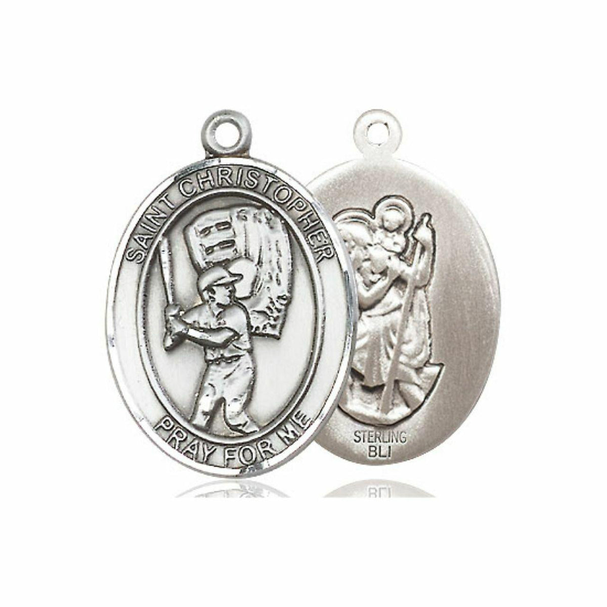 St Christopher Baseball Medal - Sterling Silver Oval Pendant 2 Sizes