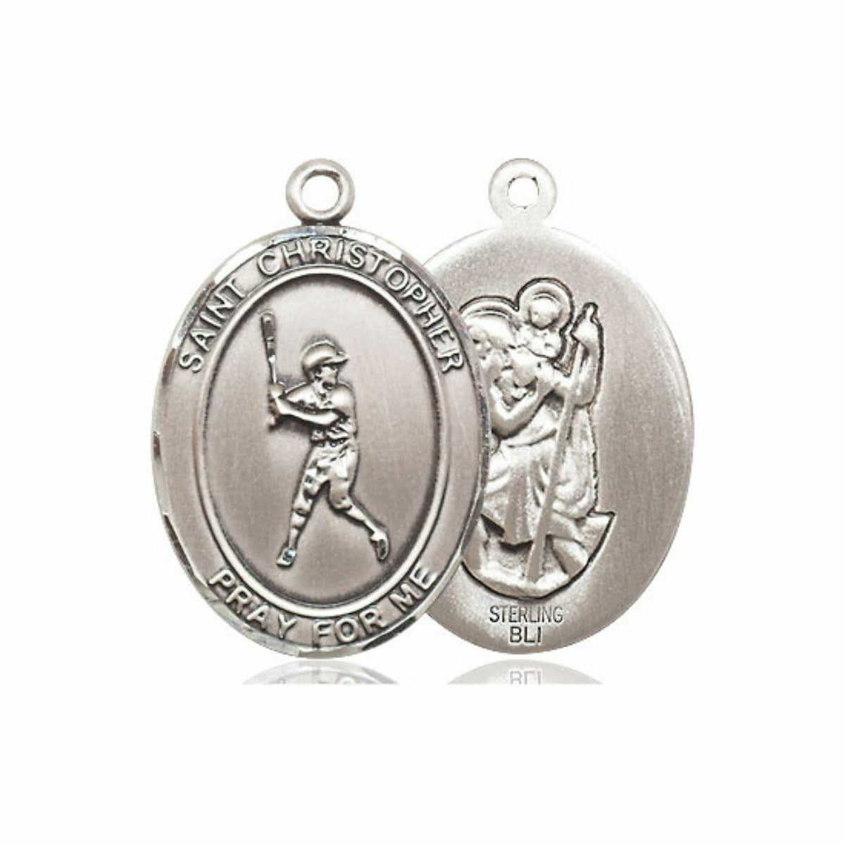 St Christopher Baseball Medal - Sterling Silver Oval Pendant 3 Sizes