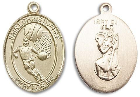 St Christopher Basketball Medal - 14kt Gold Oval Pendant 2 Sizes
