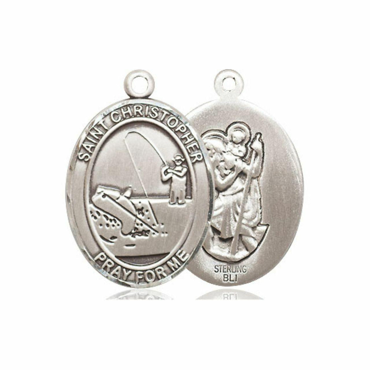 St Christopher Fishing Medal - Sterling Silver Oval Pendant 3 Sizes