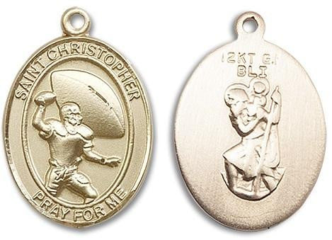 St Christopher Football Medal - 14kt Gold Oval Pendant 2 Sizes