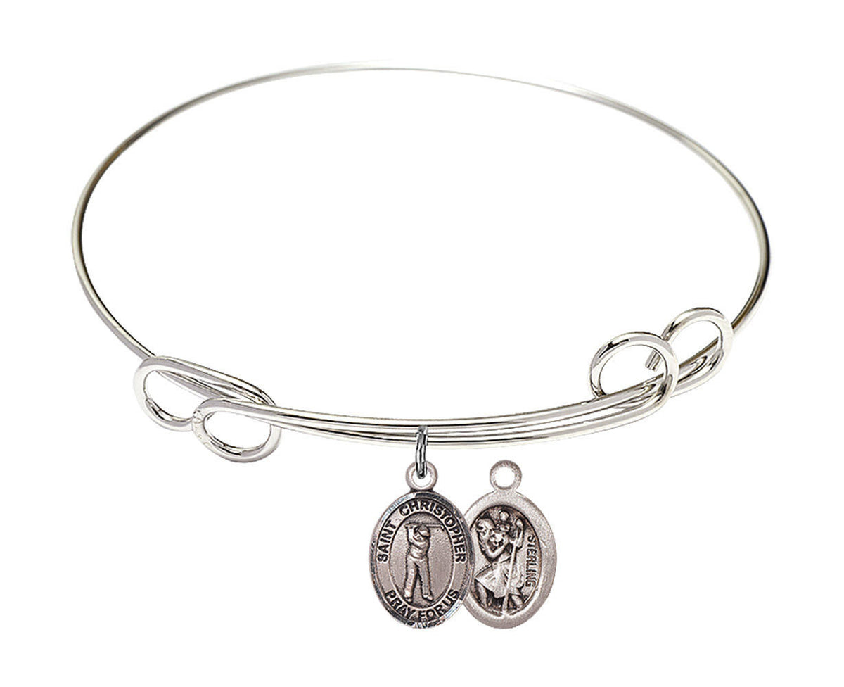 St Christopher - Golf Double Loop Bangle Bracelet - Sterling Silver Charm