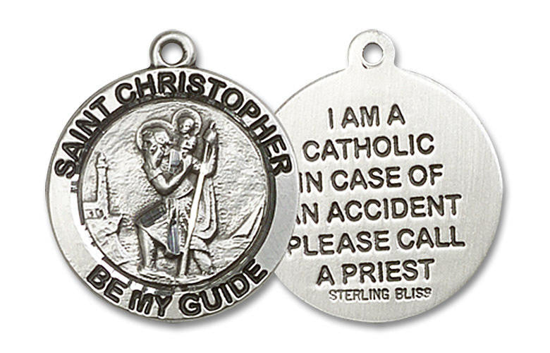 St Christopher I Am A Catholic Medal - Sterling Silver 3/4 x 3/4 Round Pendant 4049SS