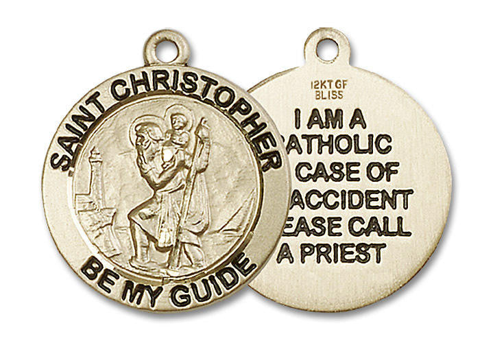 St Christopher I Am Catholic Medal - 14kt Gold 7/8 x 7/8 Round Pendant 4074SS
