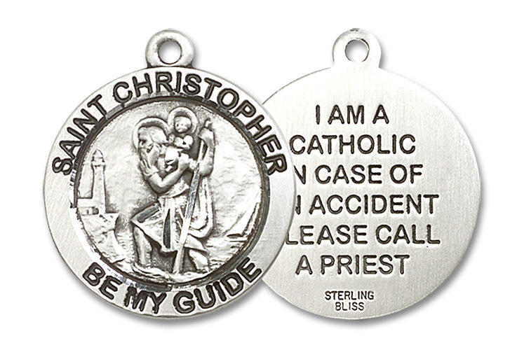 St Christopher I Am Catholic Medal - Sterling Silver 7/8 x 7/8 Round Pendant 4074SS