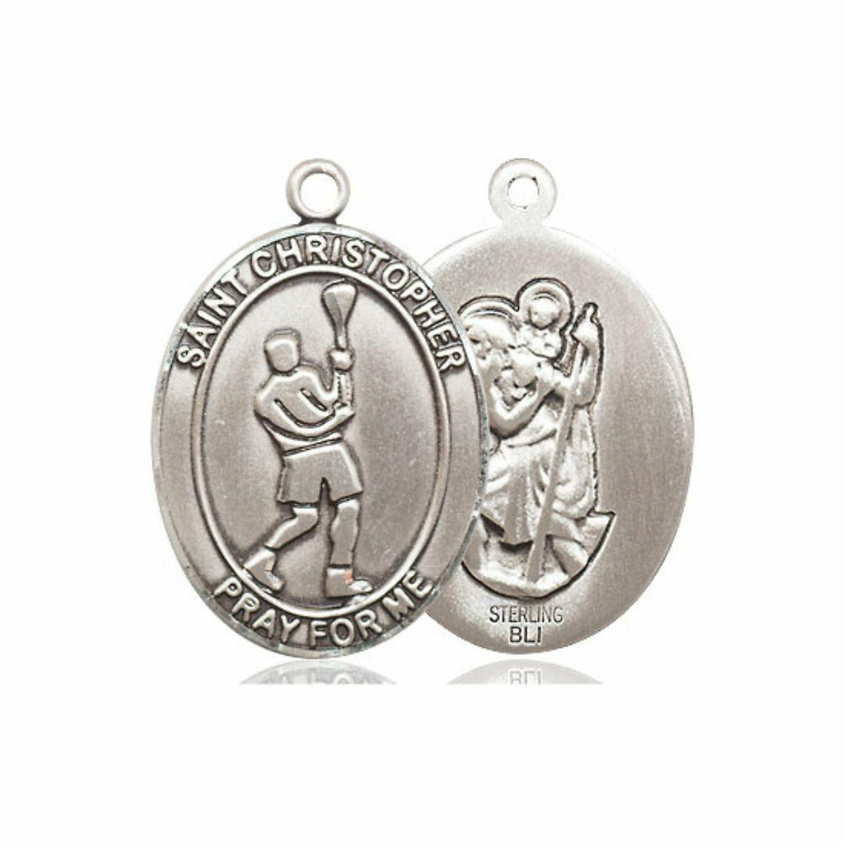 St Christopher Lacrosse Medal - Sterling Silver Oval Pendant 3 Sizes