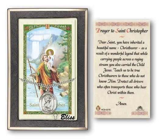 St Christopher Medal With Prayer Card - Sterling Silver 1 x 3/4 Oval Pendant PC7022SS