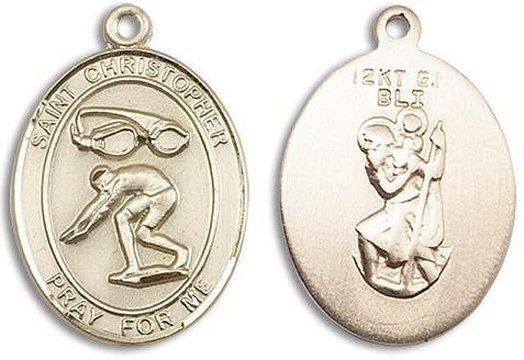 St Christopher Mens Swimming Medal - 14kt Gold Oval Pendant 2 Sizes