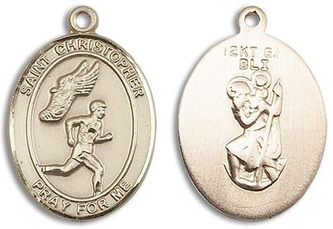 St Christopher Mens Track and Field Medal - 14kt Gold Oval Pendant 2 Sizes