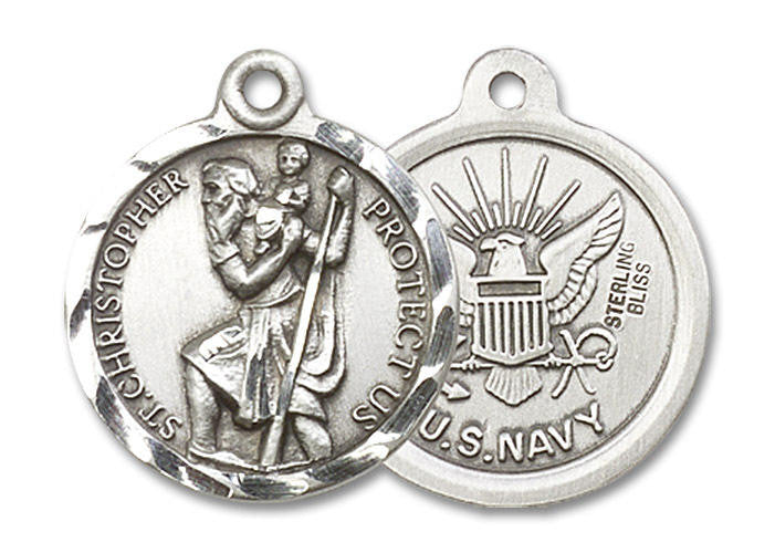 St Christopher Navy Medal - Sterling Silver 7/8 x 3/4 Round Pendant 0192SS6