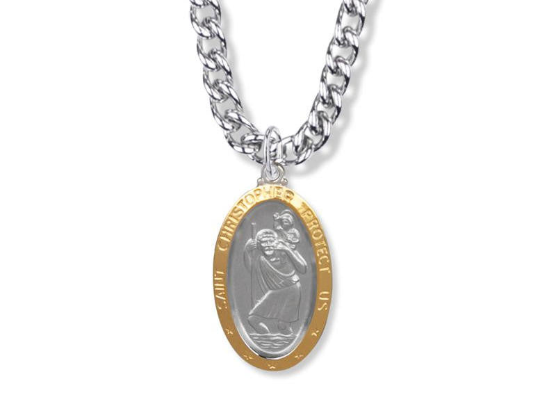 SINGER St Christopher Necklace - Gold Trimmed Sterling Silver Oval Medal on 24 Stainless Chain SM9636SH