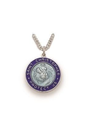St Christopher Necklace - Sterling Silver Round Blue Rimmed Medal On 20 Stainless Chain SM8073SH