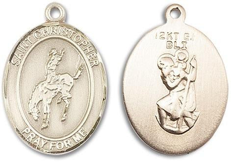 St Christopher Rodeo Medal - 14kt Gold Oval Pendant 3 Sizes