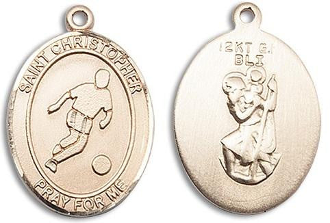 St Christopher Soccer Medal - 14kt Gold Oval Pendant 3 Sizes
