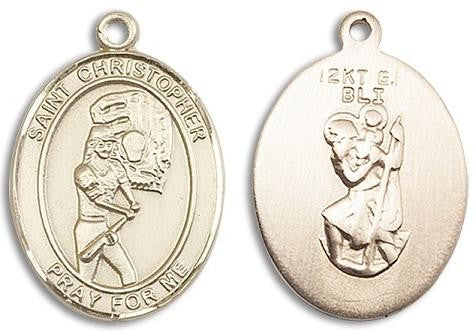 St Christopher Softball Medal - 14kt Gold Oval Pendant 2 Sizes