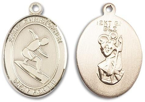 St Christopher Surfing Medal - 14kt Gold Oval Pendant 3 Sizes
