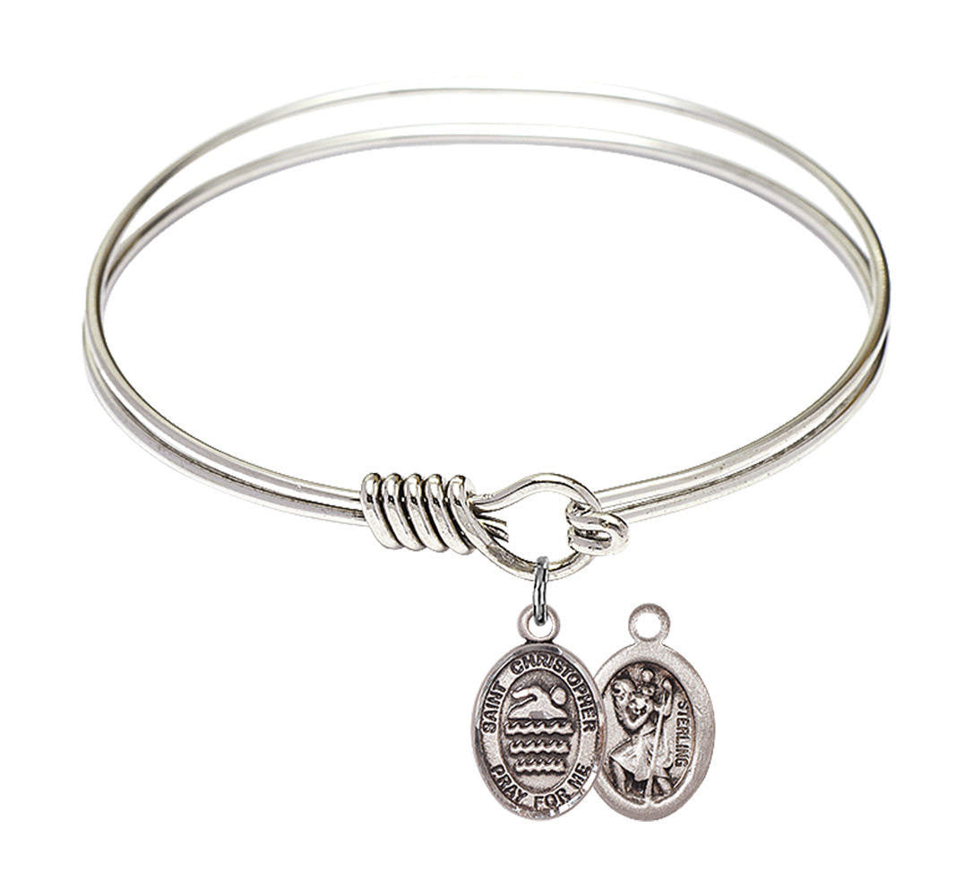 St Christopher - Swimming Round Eye Hook Bangle Bracelet - Sterling Silver Charm - 6.25 Inch 9157SS