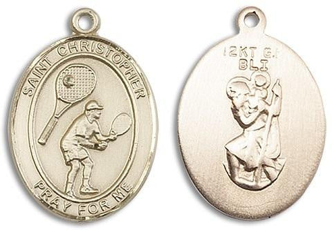 St Christopher Tennis Medal - 14kt Gold Oval Pendant 2 Sizes