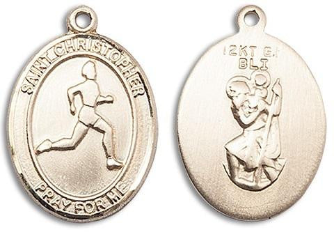 St Christopher Track and Field Medal - 14kt Gold Oval Pendant 3 Sizes